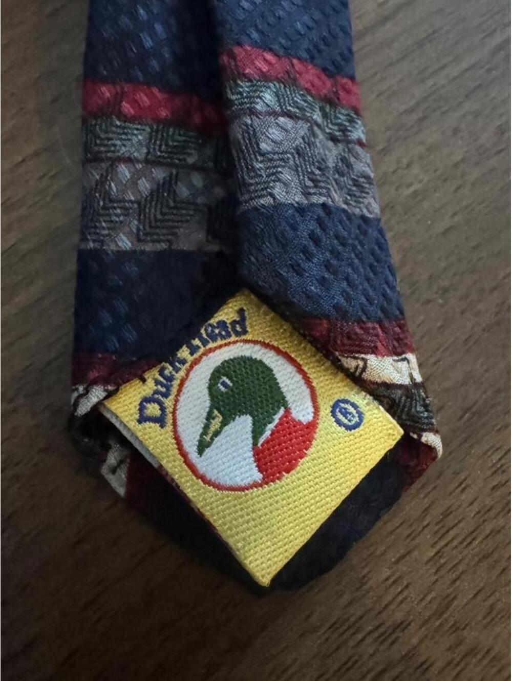 Vintage Duck Head 100% Silk Necktie Navy Blue with Burgundy and Gray Retro Stri